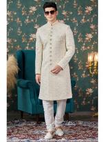 Art Silk Cream Groom Wear Thread Work Readymade Sherwani